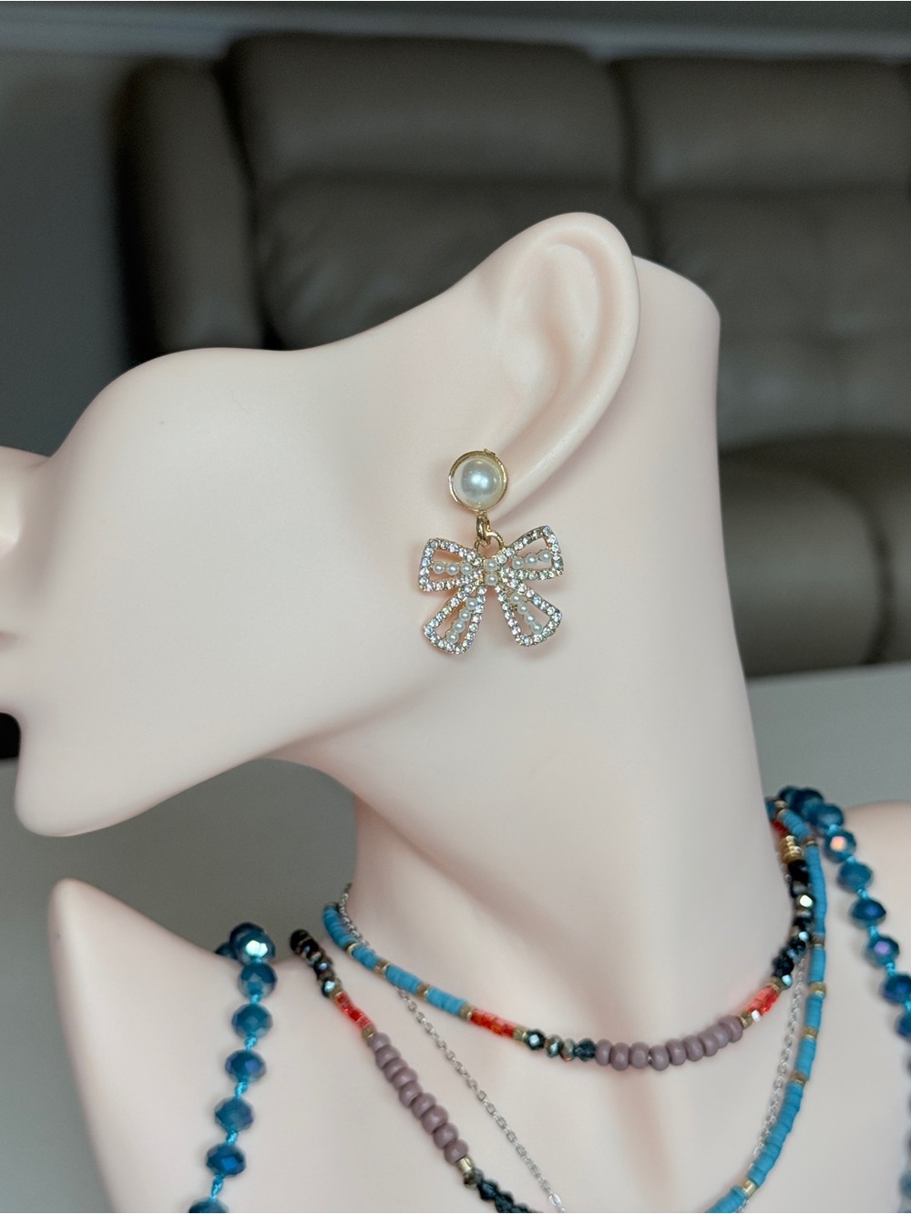 Pearl & Crystal Bow Drop Earrings - Gold Tone